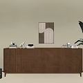 Modern Brown Entryway Cabinet Sideboard With Decorative Items Wall Art And Potted Plant