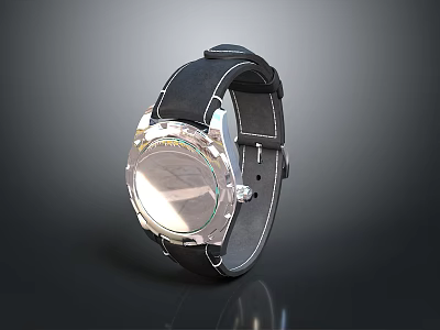 Stylish Modern Watch With Black Leather Strap Silver Dial And Transparent Glass 3d model