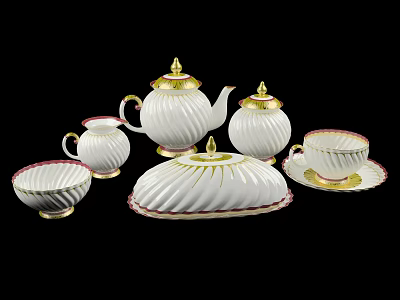 Elegant White Porcelain Tea Set With Teapot Sugar Bowl Creamer And Gold Trim 3d model