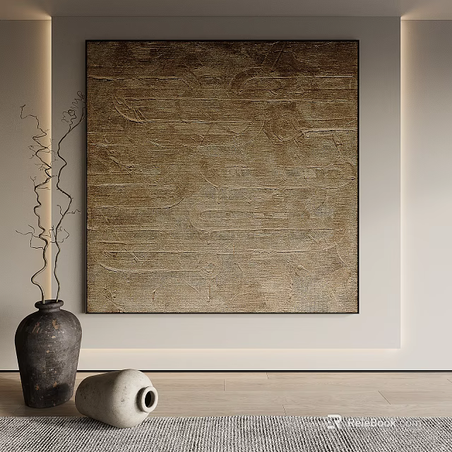 Modern Interior With Large Textured Artwork Ceramic Vase And Decorative Object 3d model