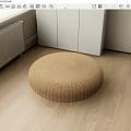 Round Woven Stool In Room Interior With Wooden Floor And White Cabinet