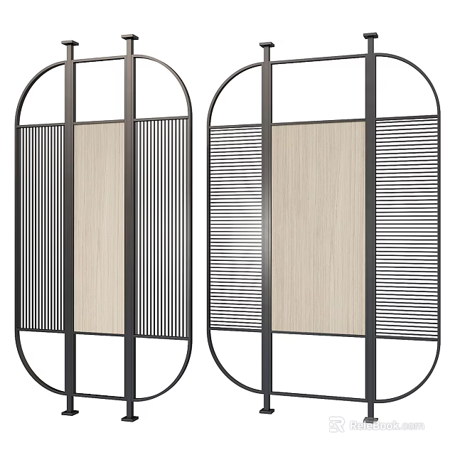 Modern Decorative Room Partition With Metal Frame Wooden Panel And Vertical Slats 3d model 