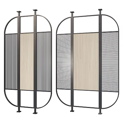 Modern Decorative Room Partition With Metal Frame Wooden Panel And Vertical Slats 3d model