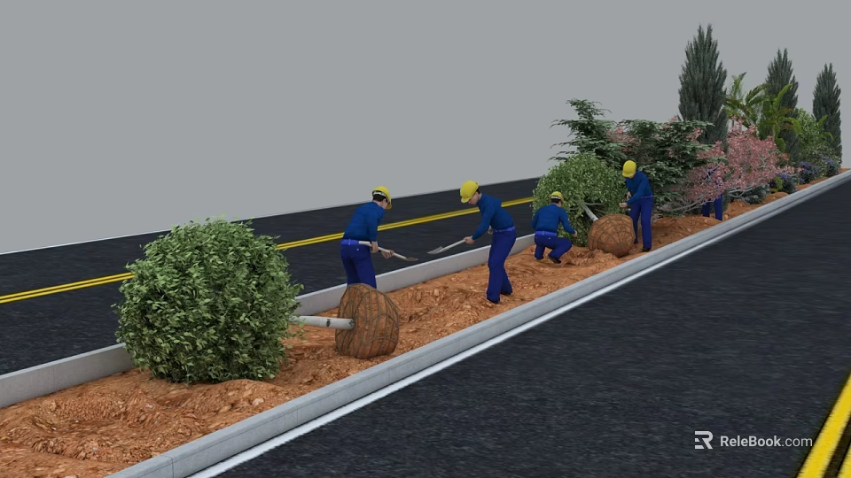 Roadside Landscape Maintenance With Workers Planting Bushes And Trees Along Curb 3d model 