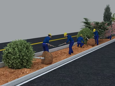 Roadside Landscape Maintenance With Workers Planting Bushes And Trees Along Curb 3d model
