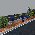 Roadside Landscape Maintenance With Workers Planting Bushes And Trees Along Curb