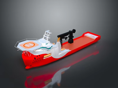 Red Boat Model Featuring White Superstructure Orange Emblem And Black Mechanical Arm 3d model