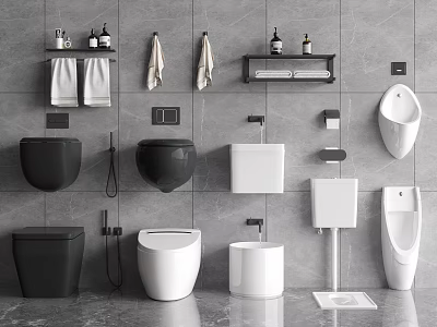 Modern Bathroom Toilets Design With Different Styles Colors And Wall Mounted Shelves 3d model