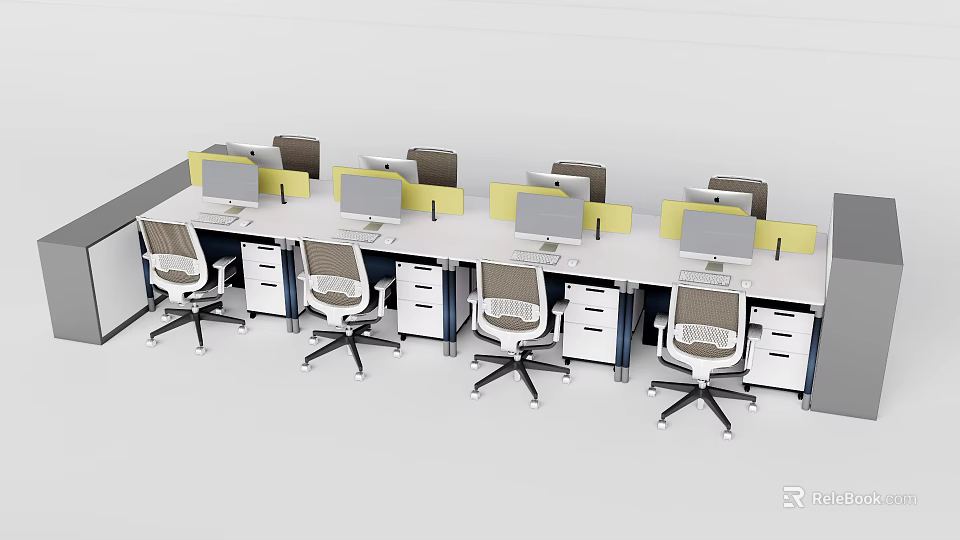 Modern Office Desks Setup With Computer Monitors Office Chairs And Drawer Cabinets 3d model