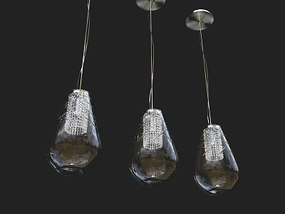 Three Modern Clear Glass Pendant Lights With Crystal Mesh Detail Hanging Against Black Background 3d model