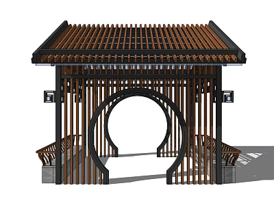 Traditional Landscape Pavilion Featuring Wooden Latticed Roof Circular Archway And Bench Seats 3d model