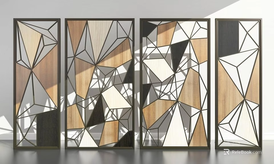 Modern Geometric Room Divider With Wooden Panels And Metal Frame Design 3d model 