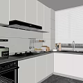 Modern Kitchen Interior Design With White Cabinets Gas Stove Oven Coffee Machine And Window Blinds