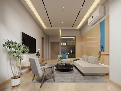 Modern Hotel Guest Room Interior With Sofa TV Potted Plant And Wooden Panels 3d model
