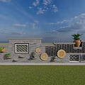 Grey Brick Garden Feature Wall With Windows Circular Decorations And Potted Plants 3d model