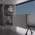 Modern Clothes Drying Rack with White Quilted Blanket and Hanging Clothes in Room with Large Window City View