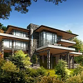 Modern Detached Villa with Large Glass Windows Stone Walls and Wooden Terrace in Wooded Mountains