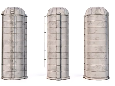 Three Industrial Storage Silos With Metal Structure And Ladder Design 3d model