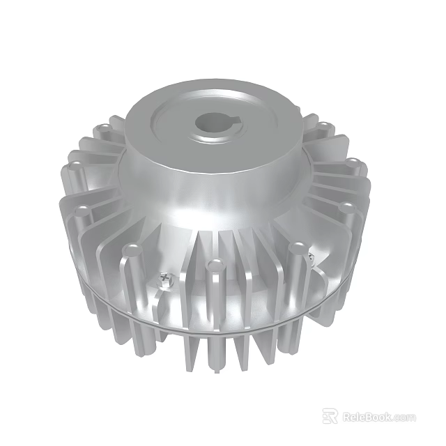 Silver Metal Heat Sink Component Featuring Fins And Central Hole Design 3d model 