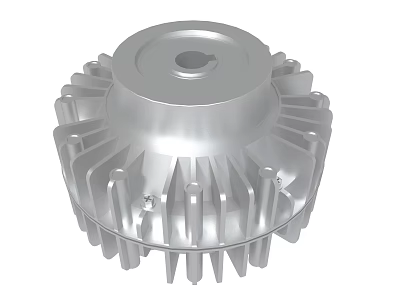 Silver Metal Heat Sink Component Featuring Fins And Central Hole Design 3d model