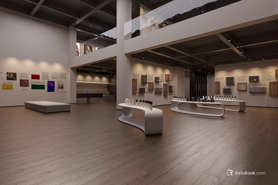 Spacious Two Story Exhibition Hall With Modern Display Tables And Wall Artworks 3d model 
