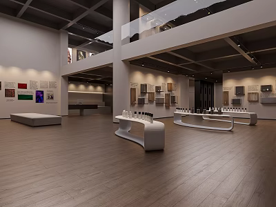 Spacious Two Story Exhibition Hall With Modern Display Tables And Wall Artworks 3d model