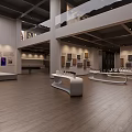 Spacious Two Story Exhibition Hall With Modern Display Tables And Wall Artworks