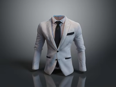 Elegant White Suit Outfit With Black Tie And Pocket Square Detail 3d model