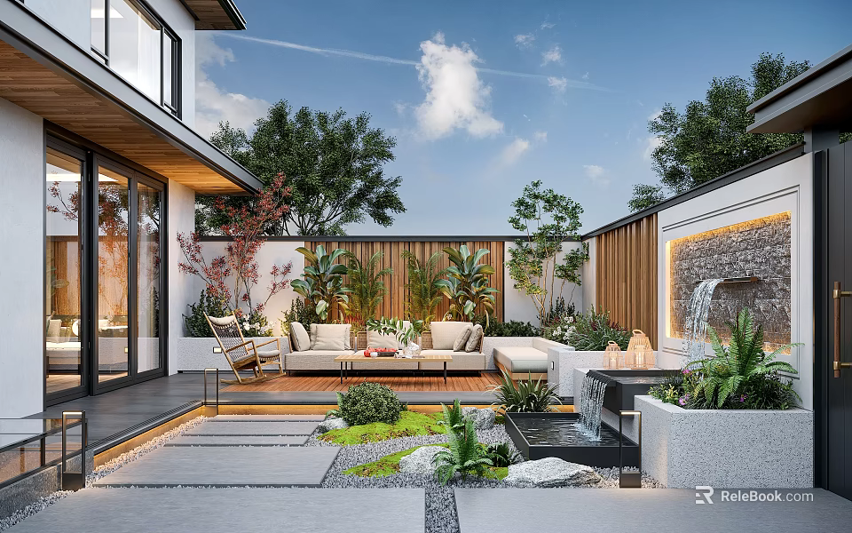 Modern Courtyard Garden With Outdoor Sofa Green Plants Water Feature And Glass Doors 3d model 