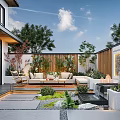 Modern Courtyard Garden With Outdoor Sofa Green Plants Water Feature And Glass Doors