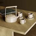 Minimalist White Tea Set With Teapot Cups And Coasters On Wooden Table