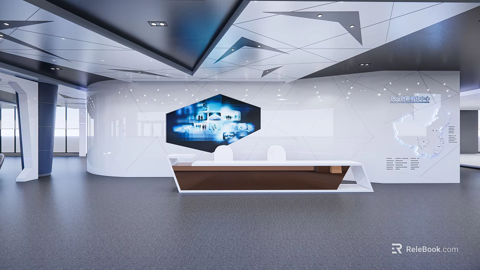Modern Reception Area With Stylish Desk Geometric Ceiling And Digital Wall 3d model