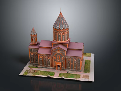 Historic Church Building With Red Roof Brick Walls And Tower Structure 3d model