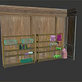 Rustic Wooden Wall Corner With Metal Shelves Holding Household Items Baskets Books And Jars