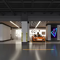 Modern Garage Interior With Orange Sports Car And Neon Light Decorations