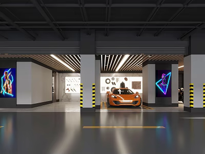 Modern Garage Interior With Orange Sports Car And Neon Light Decorations 3d model