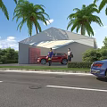Roadside Facilities Featuring Palm Trees Covered Building Green Hedges And Parked Red Blue Cars
