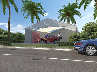 Roadside Facilities Featuring Palm Trees Covered Building Green Hedges And Parked Red Blue Cars 3d model