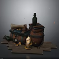 Vintage Scene Composition With Wooden Barrels Green Bottle Rolled Scroll Lit Candle And Gold Coins
