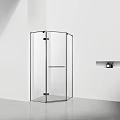Modern Shower Head In Hexagonal Transparent Glass Shower Enclosure With Black Frame And Wall Niche