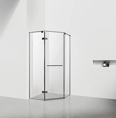 Modern Shower Head In Hexagonal Transparent Glass Shower Enclosure With Black Frame And Wall Niche 3d model