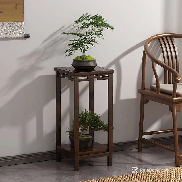 Traditional Wooden Two Tier Flower Stand With Green Potted Plants Indoor Decor 3d model 
