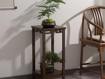 Traditional Wooden Two Tier Flower Stand With Green Potted Plants Indoor Decor 3d model