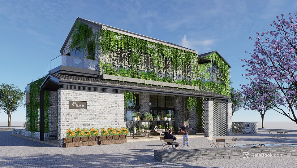 Greenery Covered Commercial Complex With Outdoor Seating And Modern Facade Design 3d model 