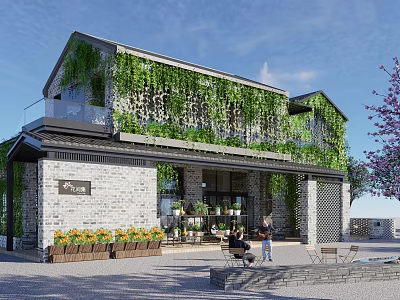 Greenery Covered Commercial Complex With Outdoor Seating And Modern Facade Design 3d model