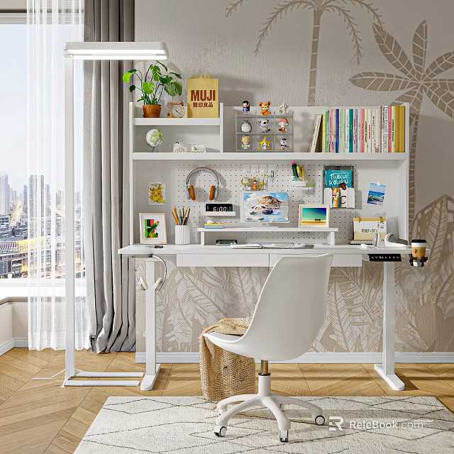Modern White Desk Setup With Bookshelf Books Plants Chair And Decorations 3d model 