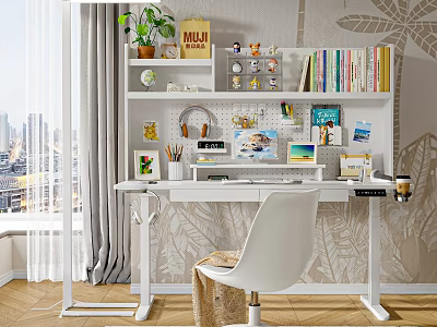Modern White Desk Setup With Bookshelf Books Plants Chair And Decorations 3d model