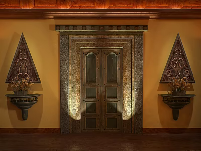 Ornate Wooden Entry Door With Carved Details Wall Sconces On Yellow Walls And Wooden Ceiling 3d model