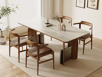 Modern Dining Table Set With Marble Top And Wooden Chairs In Bright Interior 3d model