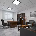 Modern Office Interior Design With Wooden Desk Leather Sofa Bookcase Window Blinds And Ceiling Lights